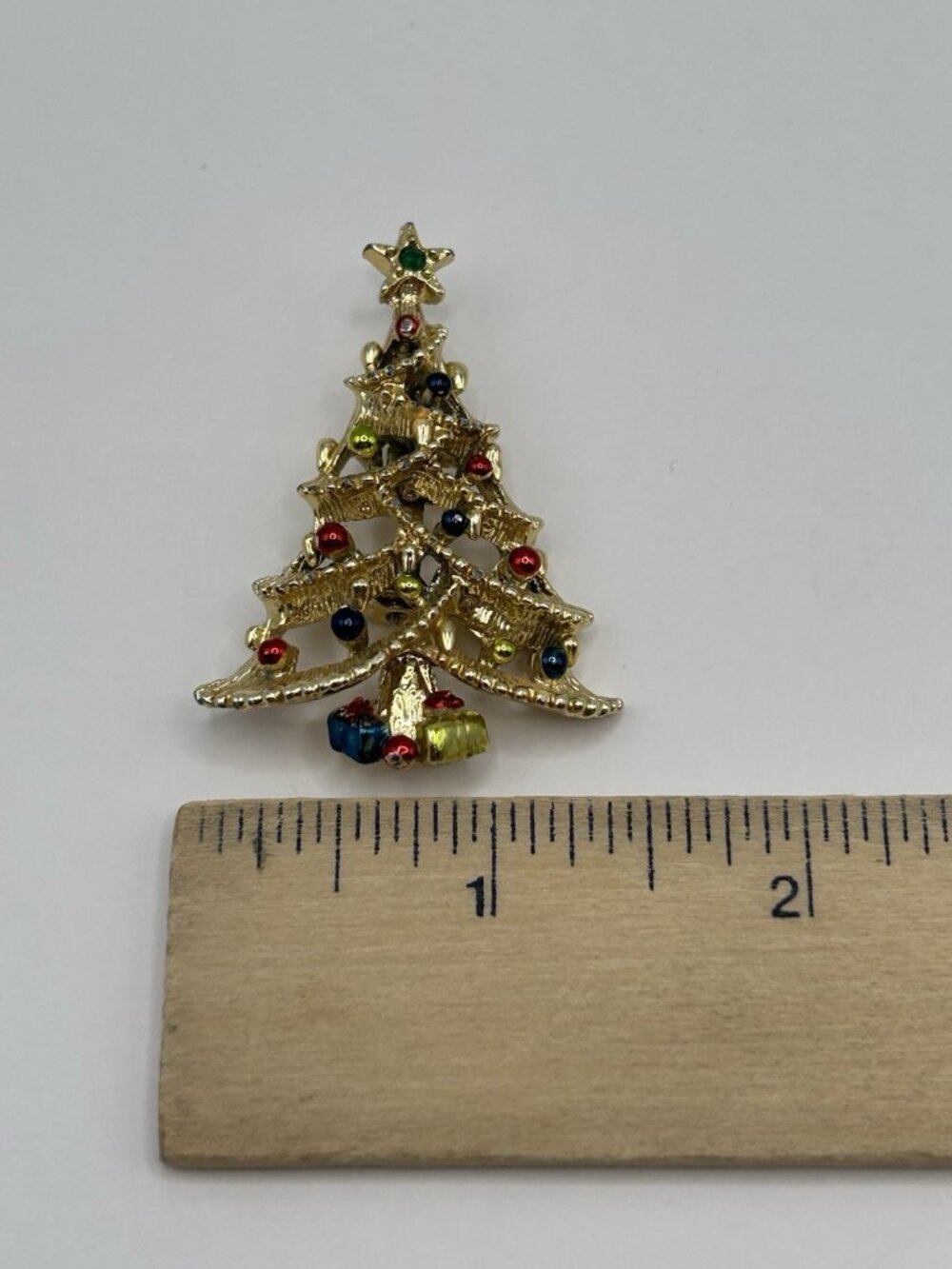 Vtg Steven Marc Christmas Tree Gold Tone Brooch Pin Enamel and Rhinestone 1987 - Picture 5 of 6